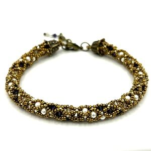 HAND CRAFTED Netted Crystal and Pearl Bracelet Bronze